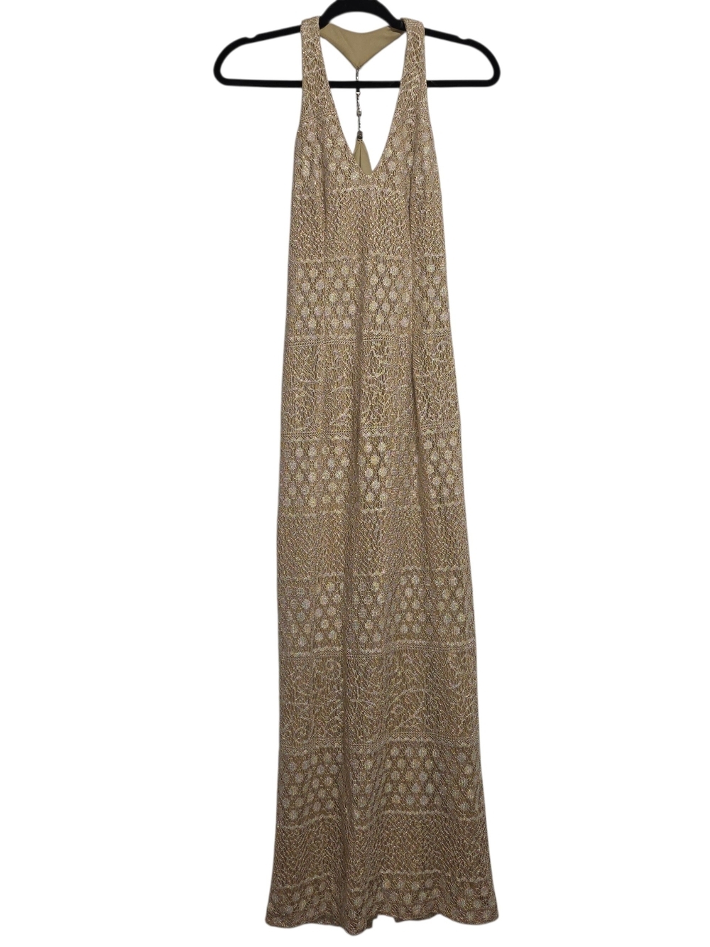Bari Jay Gold Metallic Halter Maxi Gown Size 3/4 Formal Evening Prom Dress